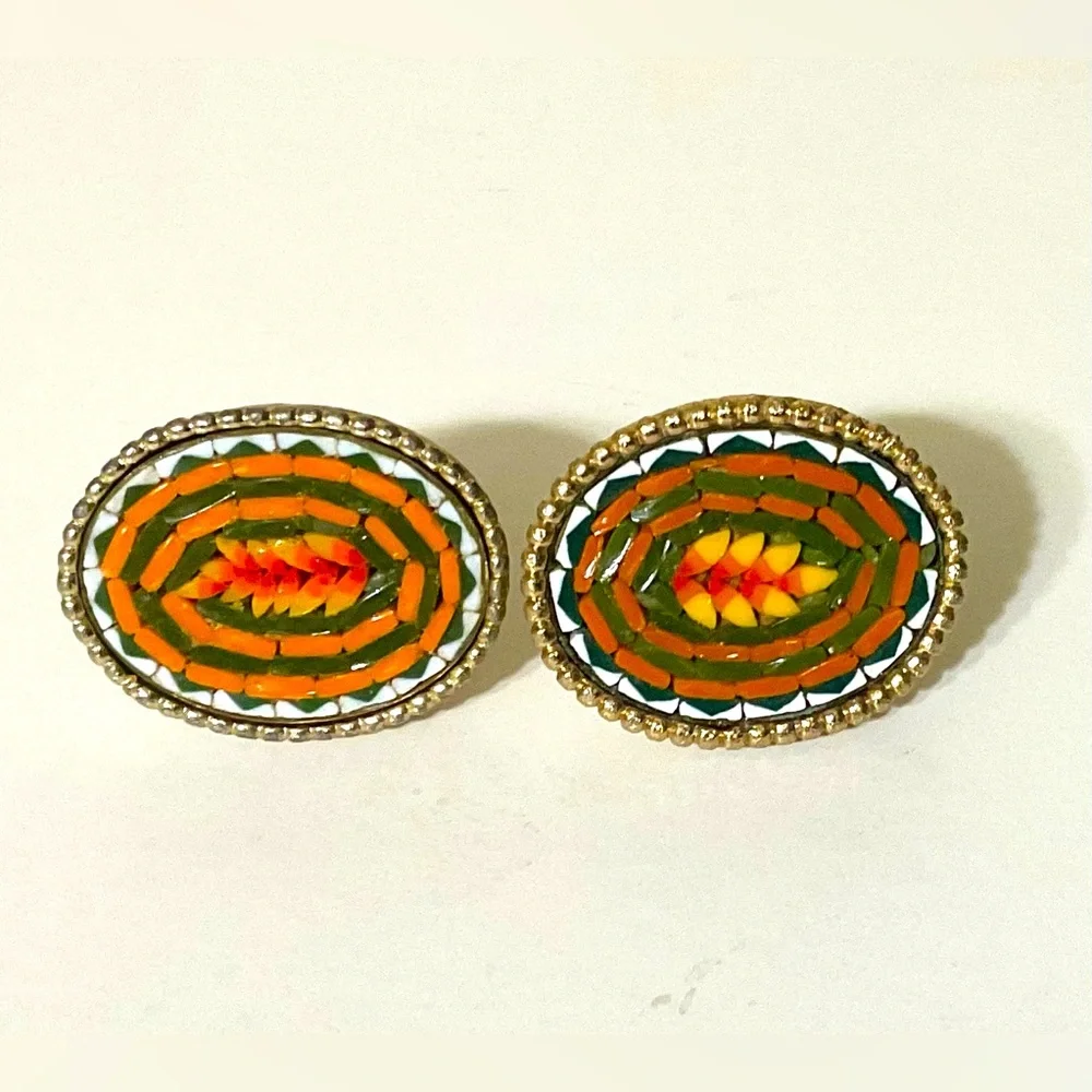 Rare Vintage Glass Micro Mosaic Lg Oval Cufflinks Goldtone